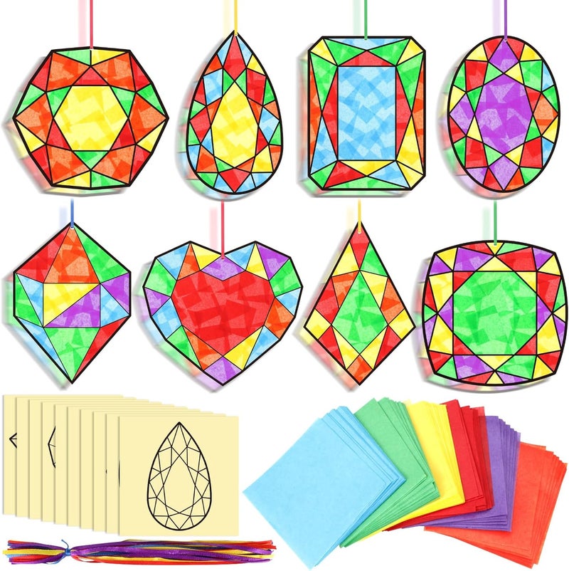Eersida 32 Pcs Jewel Suncatchers Paper Craft Set DIY Diamond Shaped Stained Glass Effect Tissue Paper Kits Bulk for Window Activities Art Party Decorations Favors Gift - Image 1